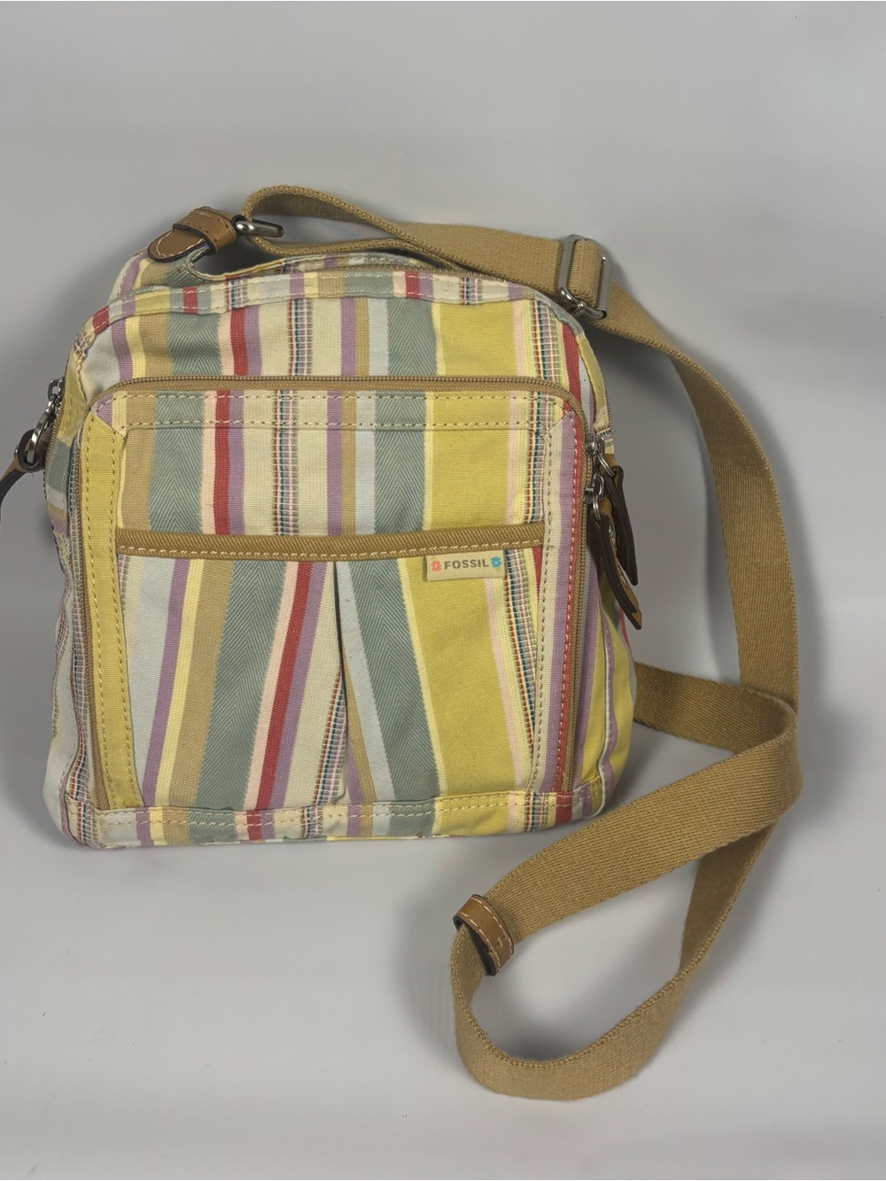 Fossil multi-pastel striped canvas crossbody bag